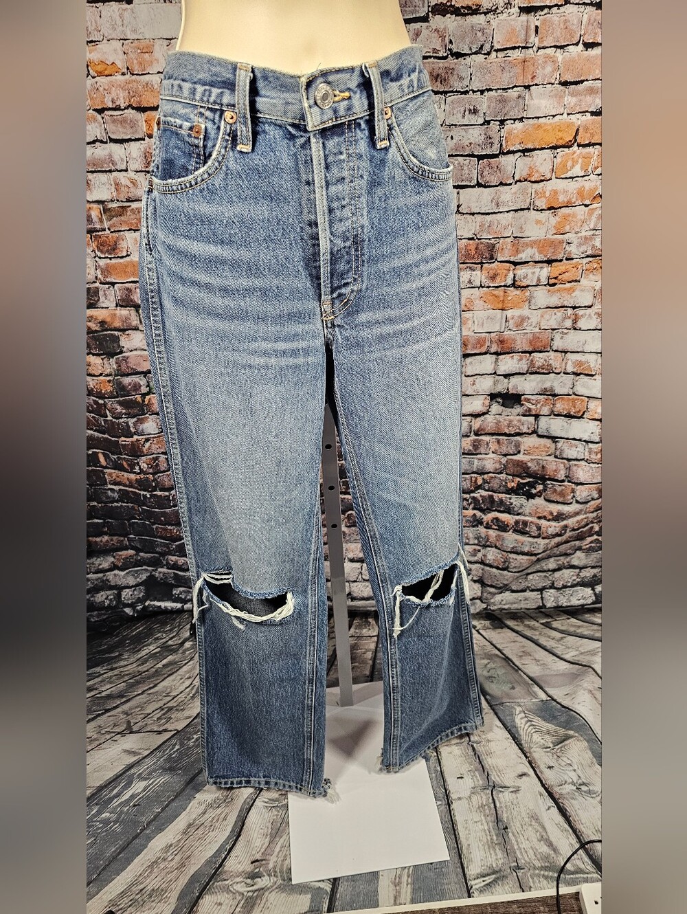 RE/DONE High Rise Distressed Straight Leg Jeans Raw Hem Light Wash Women's 26
